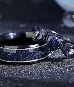 Orion Nebula Heart Shape Couples Rings – Guitar String Blue Sandstone Wedding Band Anniversary Gift.