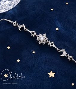 Snowflake Moon Star Bracelet, Sterling Silver Celestial Bracelet, White CZ Winter Jewelry Gift for Her