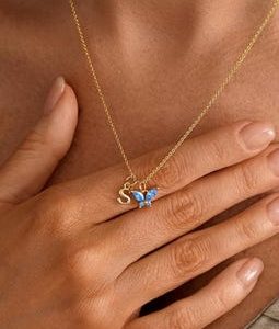 Custom Butterfly Birthstone Initial Necklace, Birthstone Letter Charm Necklace, personalized gift, Bridesmaid Gifts, Graduation Gift for Her