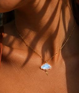 Moonstone Cloud & Thunder Necklace, Gemstone Gold Lightning Charm, Blue Flash Crystal Pendant, Celestial Jewelry Gift for her.